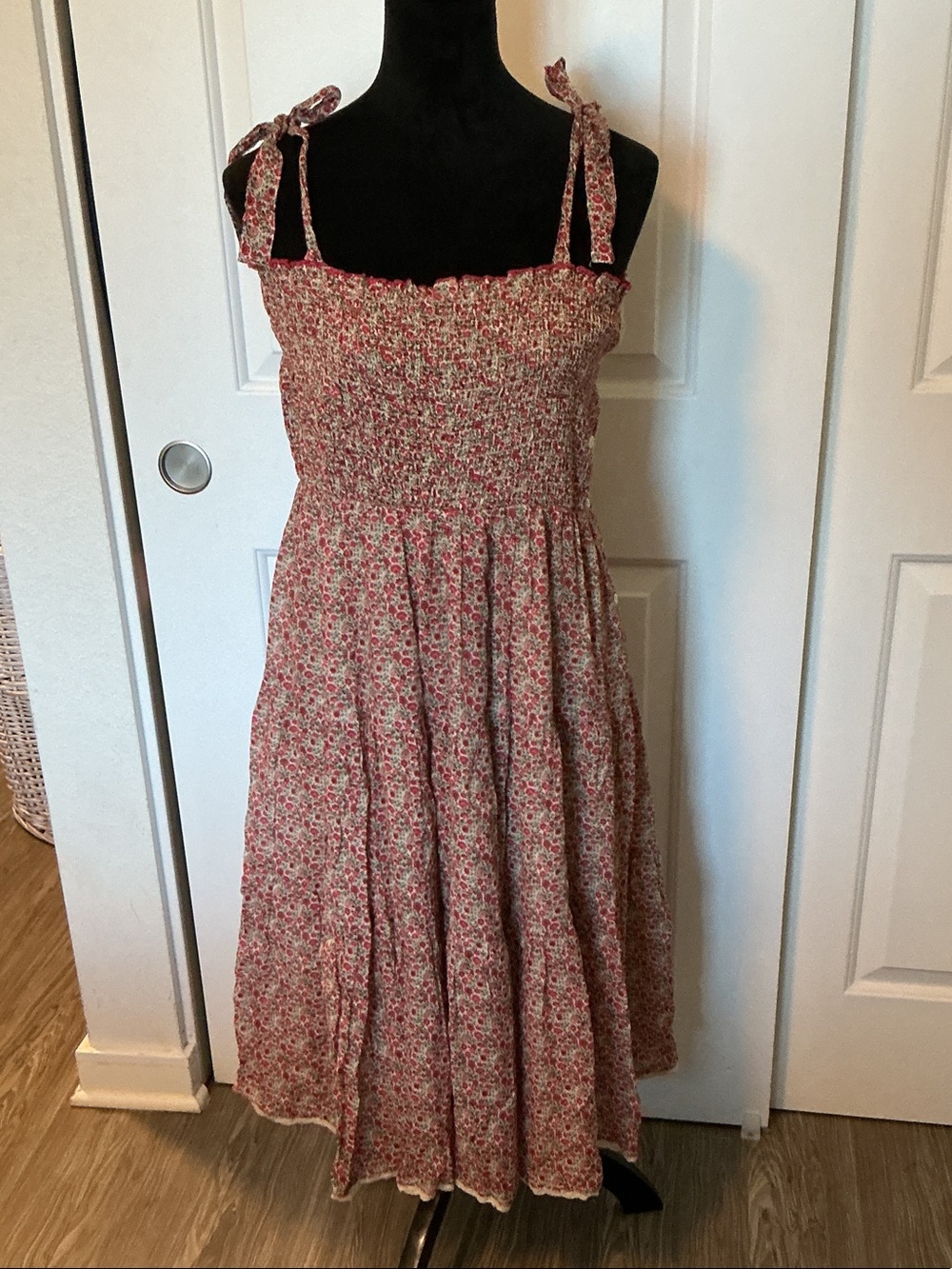 M.A.B.E. Floral Smocked Midi Dress with Tie Straps in Rose-Tan M